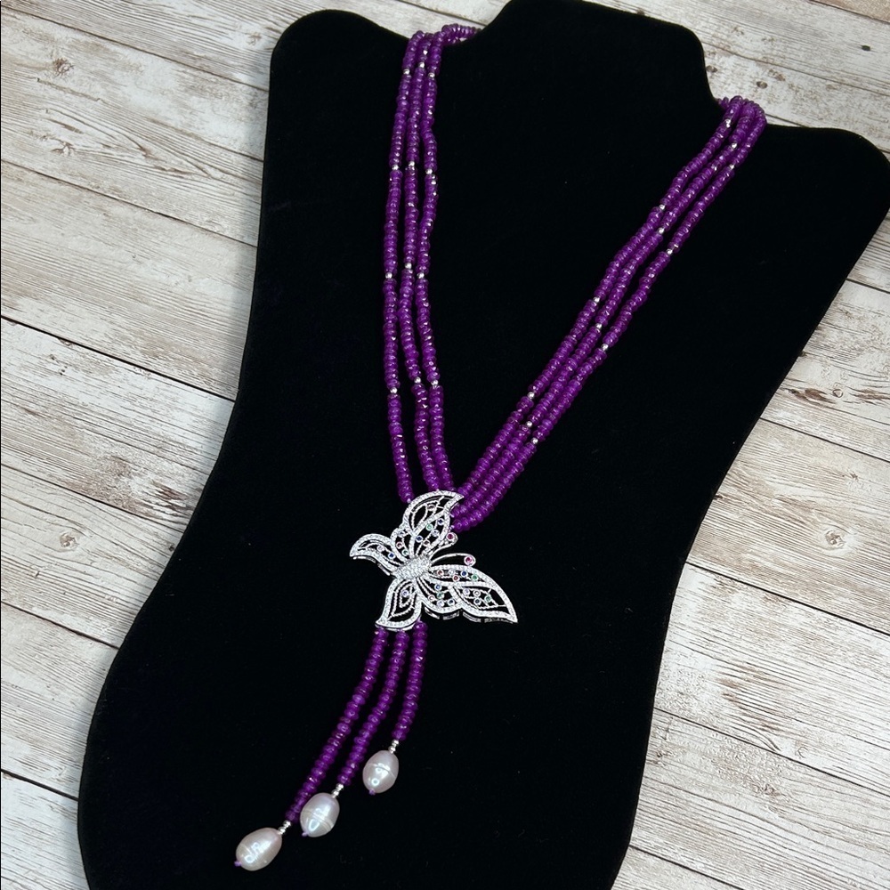 Elegant Purple Gemstone or Crystal Necklace with Silver Butterfly Pendant